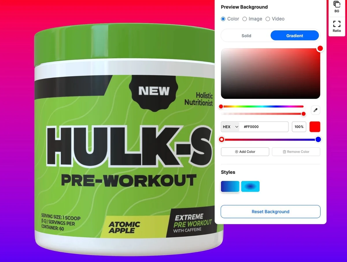 Hulk-S tub on a pink to blue gradient background with the gradient editor