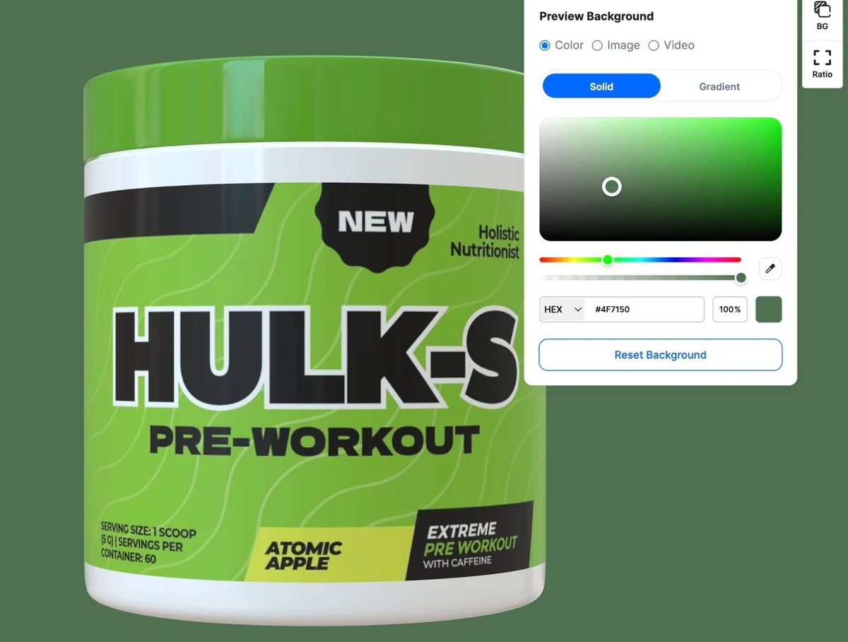 Hulk-S tub on a solid green background with the Preview Background colour picker