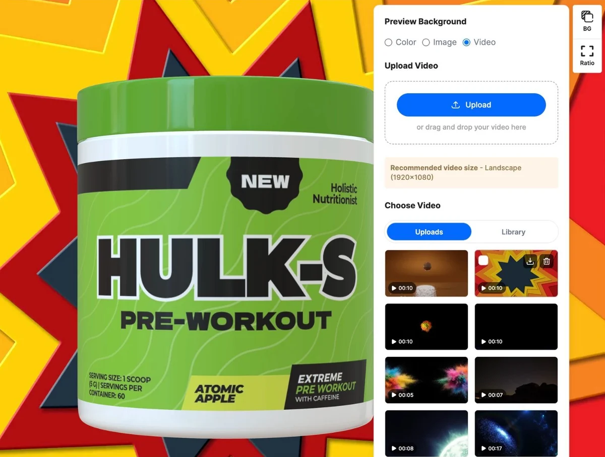 Hulk-S tub on a comic burst video background chosen from the video library