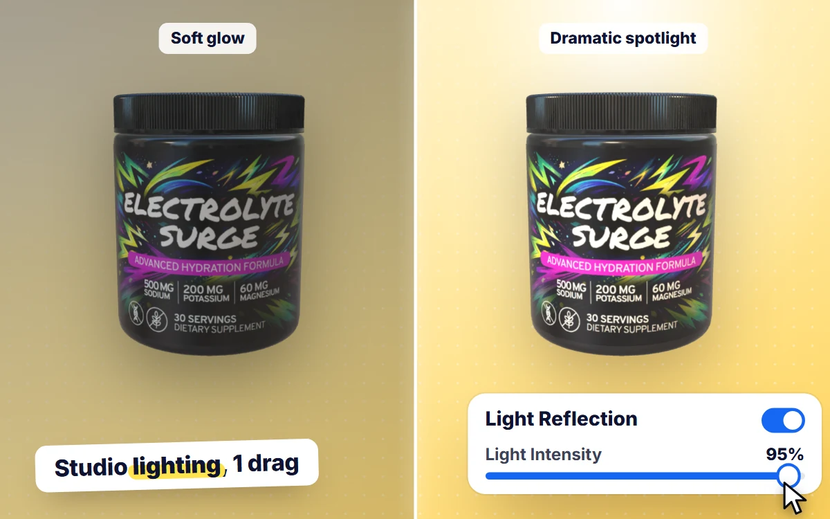 The Light tab: dragging Light Intensity takes the tub from dim to fully lit with a moving highlight