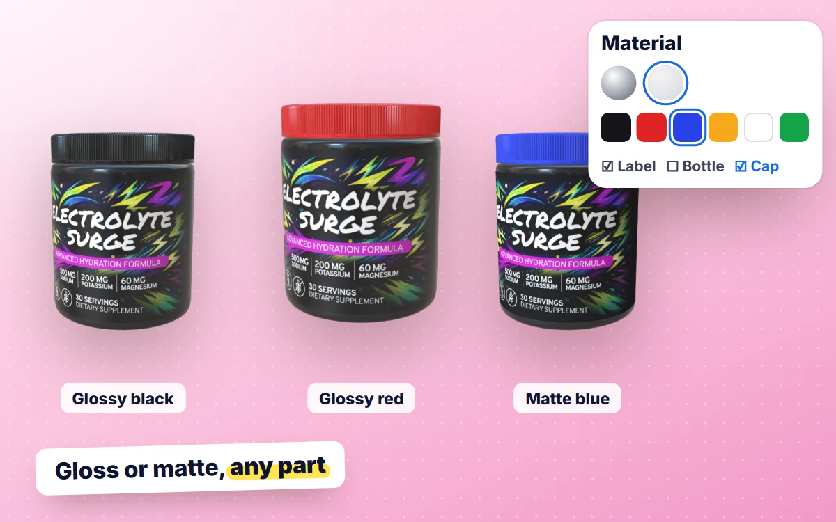 The Material tab: the tub cap switches from black to glossy red to matte blue, then the label goes matte
