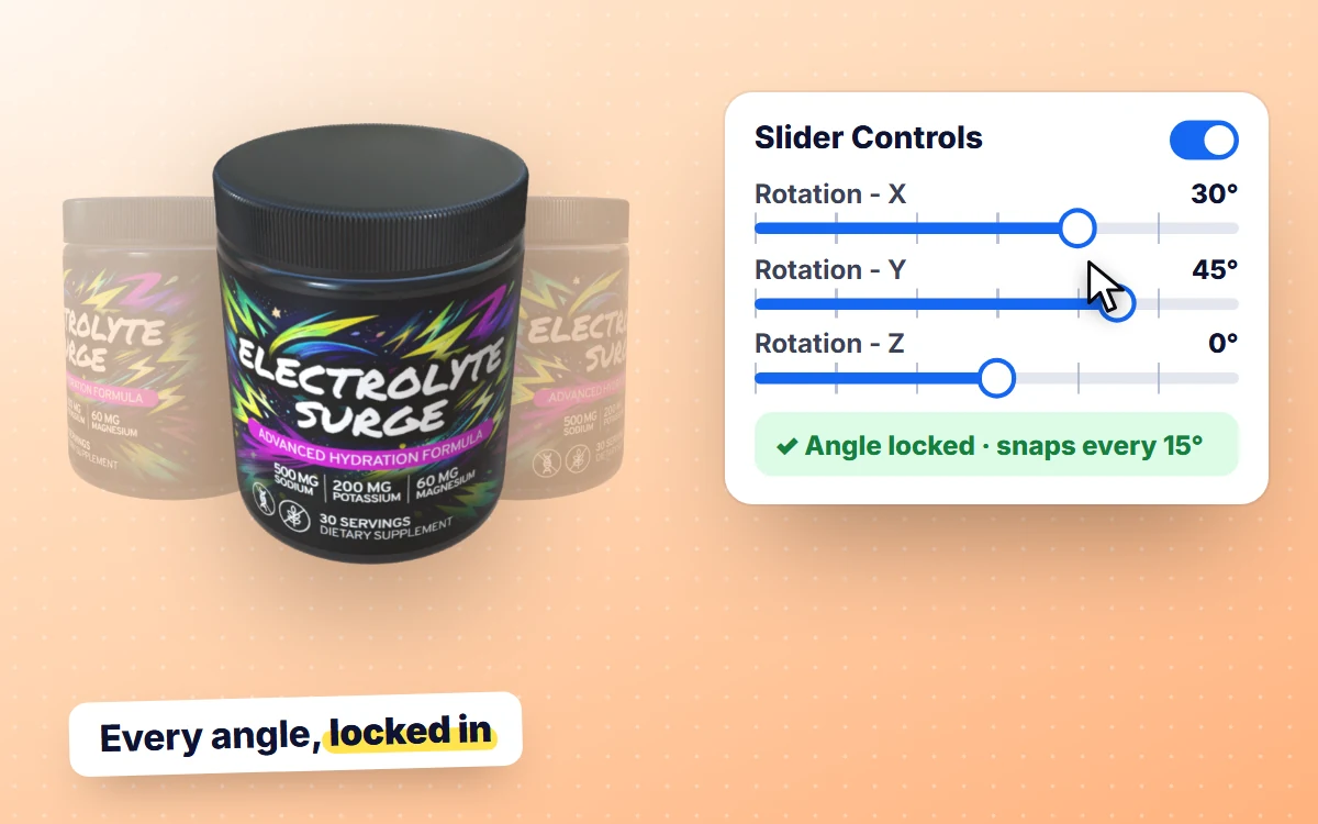 The 3D editor View tab: snap-grid Rotation X and Y sliders turn the Electrolyte Surge tub to locked angles