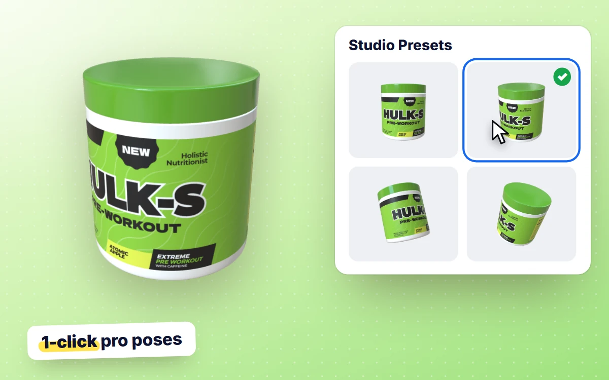 Studio presets: clicking a preset thumbnail swings the Hulk-S tub into a new professional pose