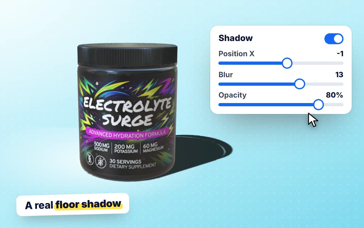 The Shadow tab: dragging Opacity fades a soft floor shadow in beside the tub