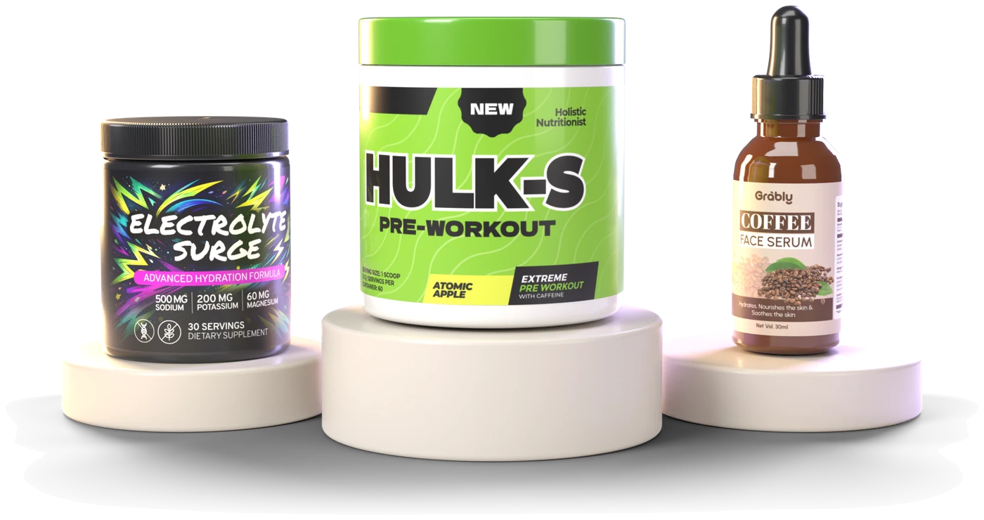 The Hulk-S, Electrolyte Surge and Coffee Face Serum as 3D mockups on studio podiums, all made in 3D Design Studio X