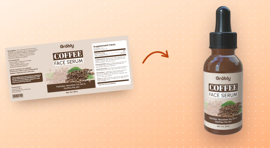 A flat Coffee Face Serum label becoming a 3D dropper bottle