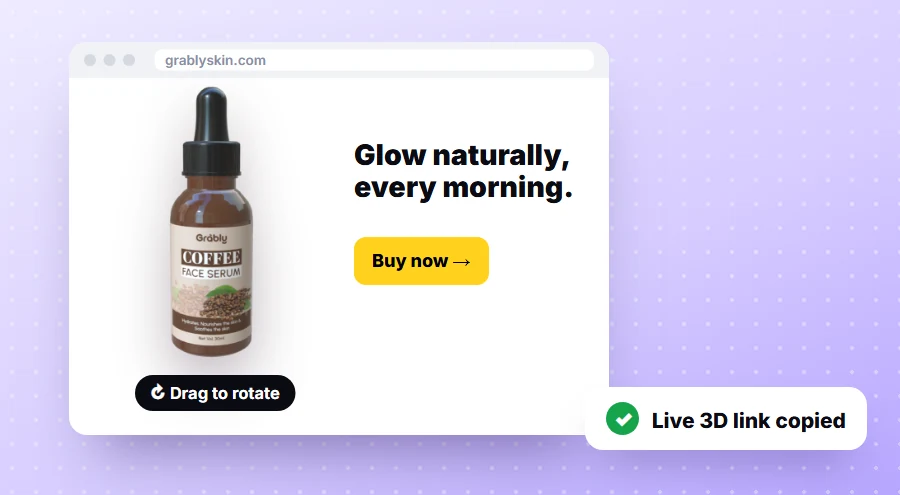 The Coffee Face Serum bottle live in 3D on a skincare store page, with the live 3D link copied
