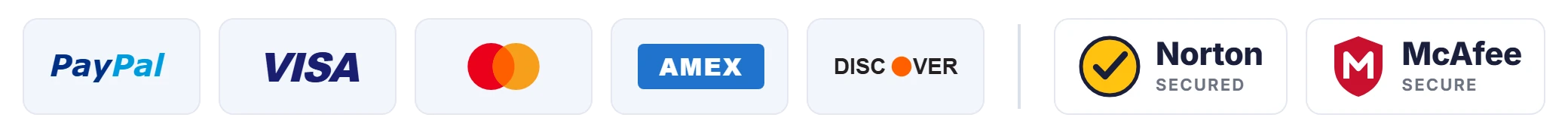 PayPal, Visa, Mastercard, Amex and Discover accepted. Norton Secured and McAfee Secure checkout