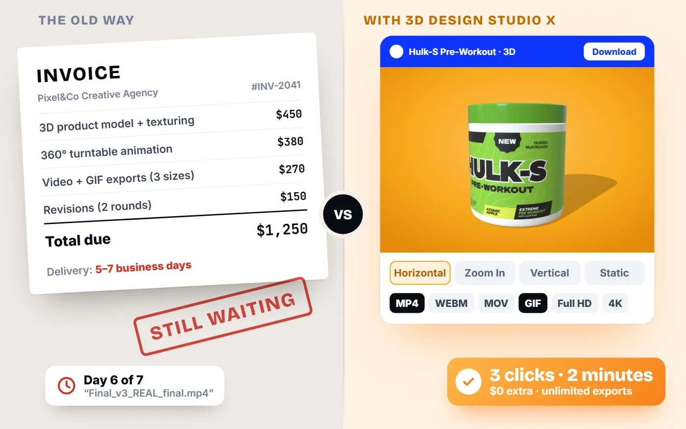 A $1,250 agency invoice stamped Still Waiting, day 6 of 7, next to 3D Design Studio X exporting the same 3D product video in 3 clicks and 2 minutes