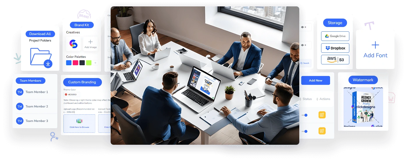 ClickDesigns Agency: your team around one table, with team members, brand kit, custom branding, storage, fonts and watermark controls