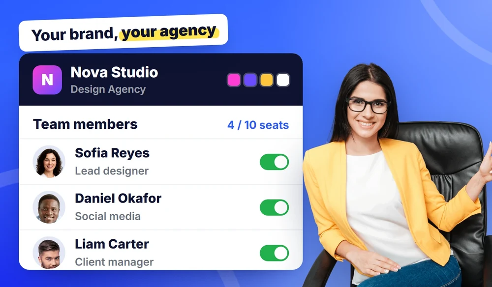 Your agency dashboard with your own logo and brand colours, team members and their access switches