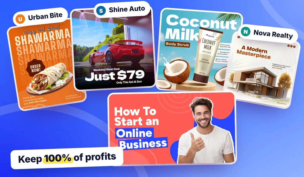 Designs made in ClickDesigns for different clients: restaurant, car wash, skincare, real estate and a YouTube thumbnail