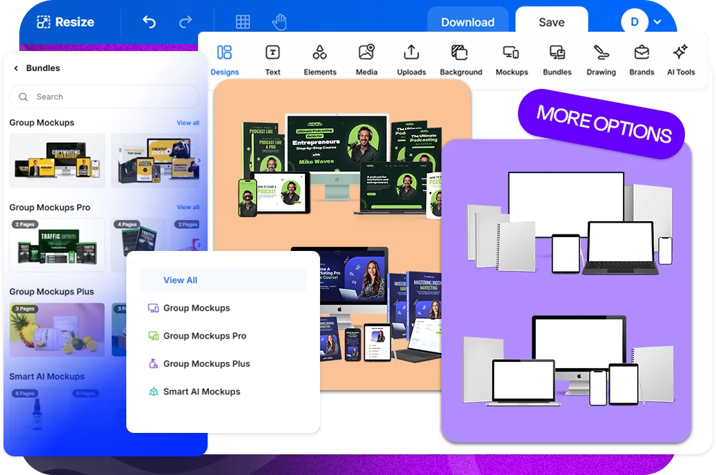 The Bundles panel in ClickDesigns: group mockups combining books, laptops, phones and boxes