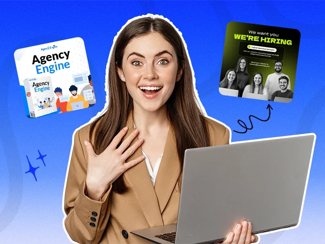 Agency Engine designer excited at her laptop with hiring and product graphics