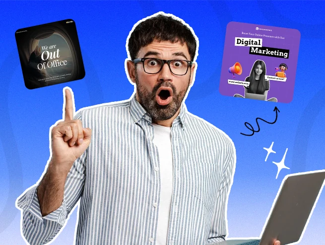 Surprised marketer pointing at social media designs