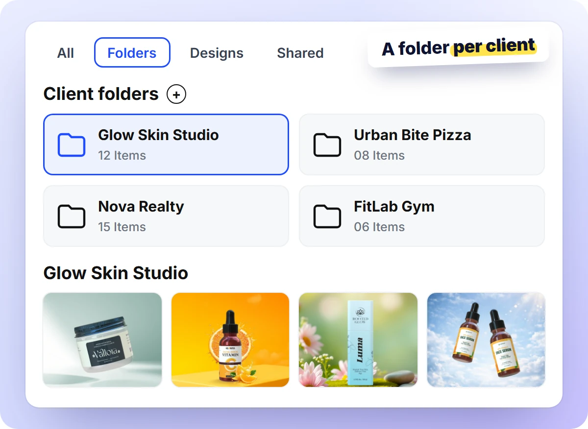 Client folders in My Designs, one folder per client