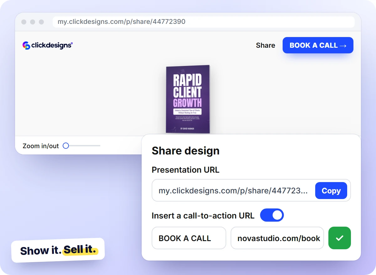Share design: presentation URL with a call-to-action button, and the live presentation