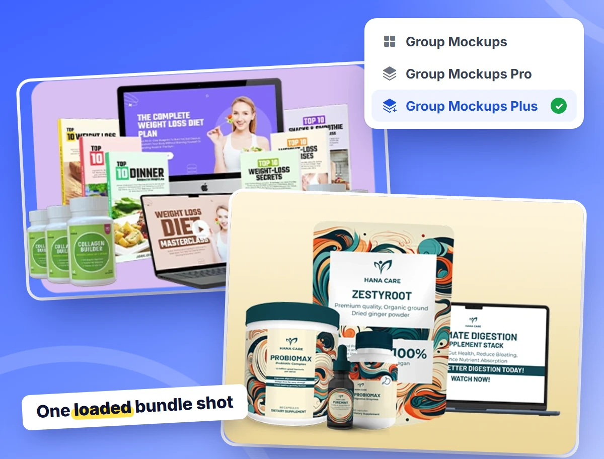 Product Group Shots PLUS: loaded multi-product bundle shots made with Group Mockups Plus