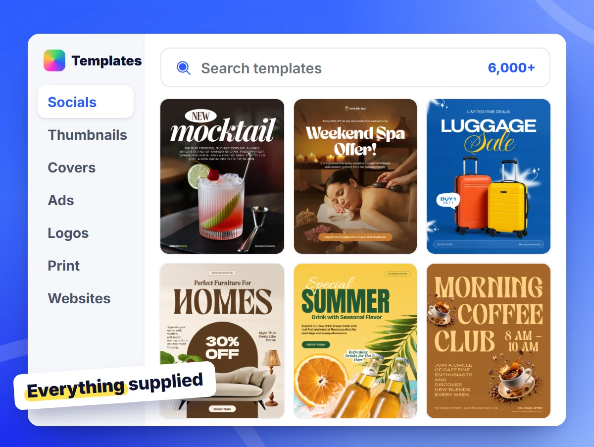 The ClickDesigns template library: 6,000+ ready-made templates by category