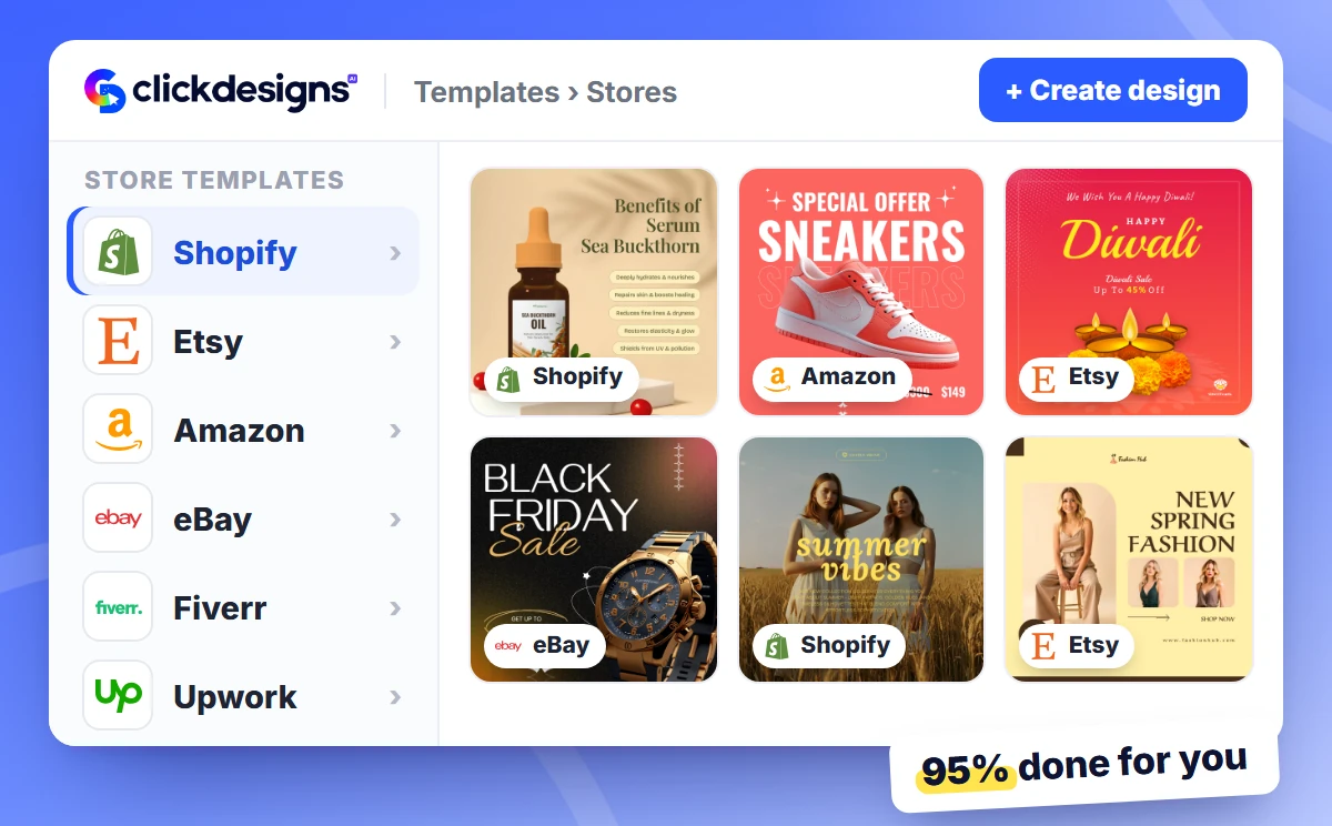 Ready-made store and marketplace templates in ClickDesigns for Shopify, Fiverr, Etsy, Upwork, Amazon and eBay
