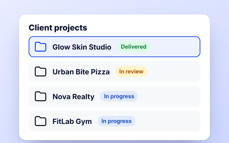 Client project folders with delivery status