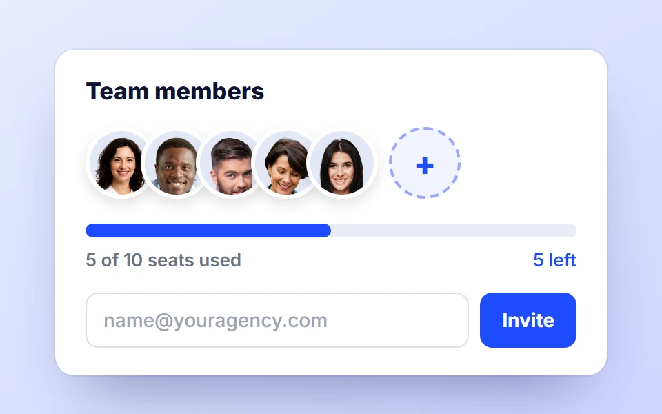 Team members screen with 5 of 10 seats used and an invite field