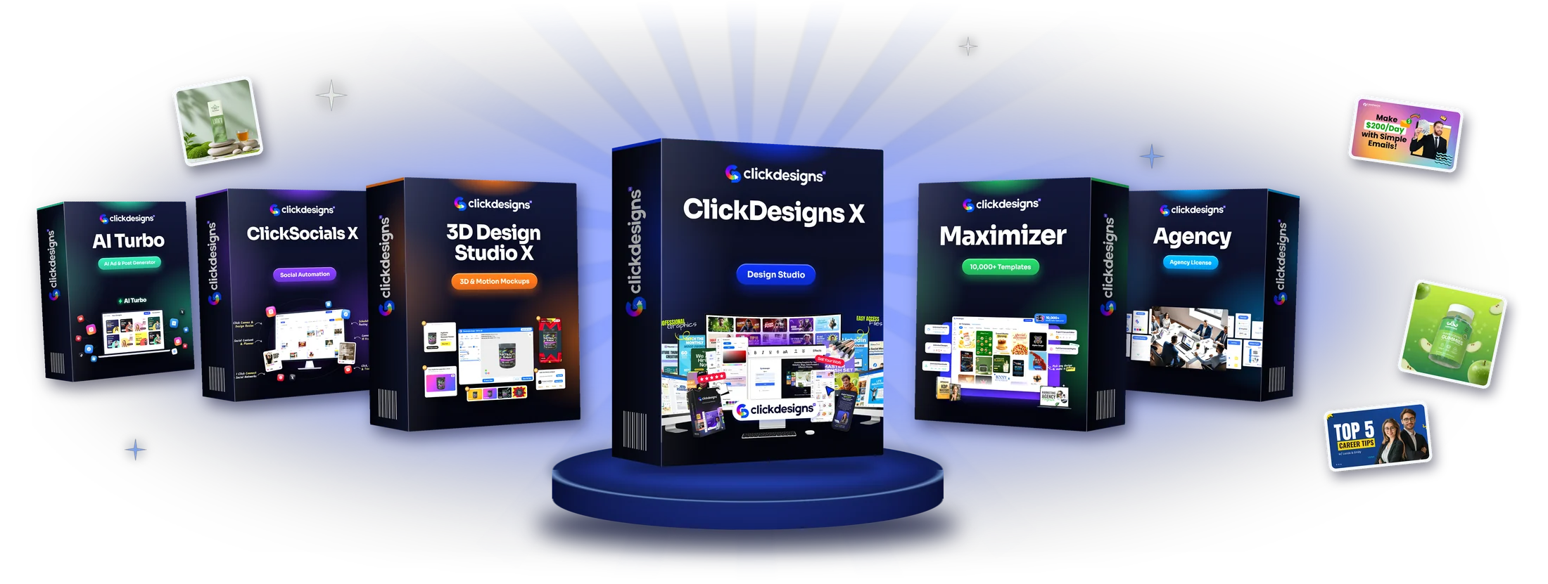The six ClickDesigns X products as boxes: ClickSocials X, 3D Design Studio X, ClickDesigns X, Maximizer, Agency and AI Turbo