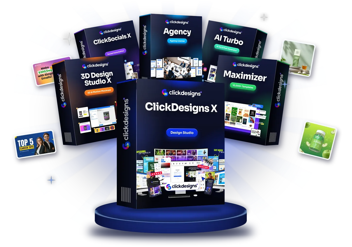 The six ClickDesigns X products as boxes: ClickSocials X, 3D Design Studio X, ClickDesigns X, Maximizer, Agency and AI Turbo