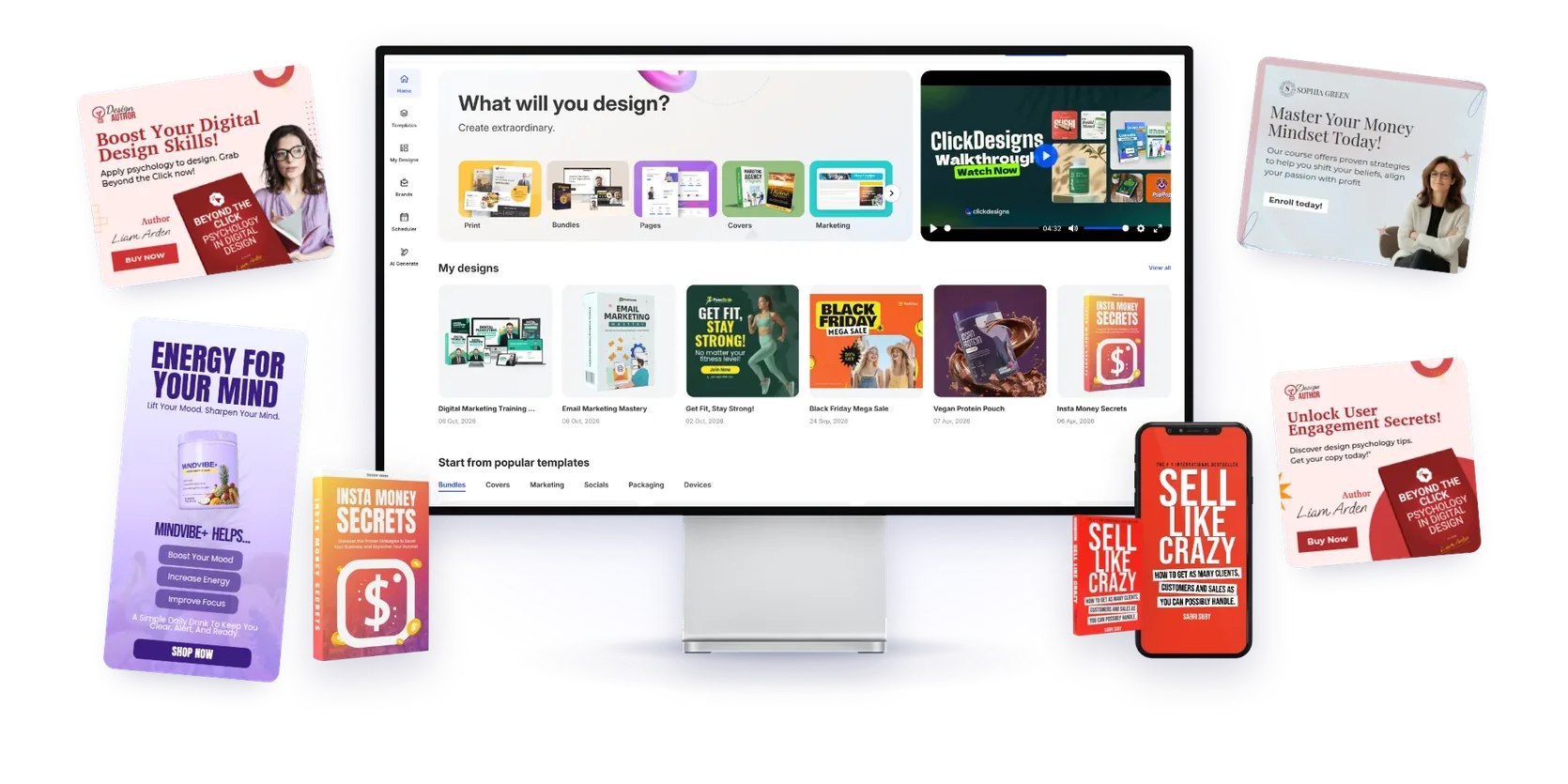 The ClickDesigns X dashboard surrounded by templates