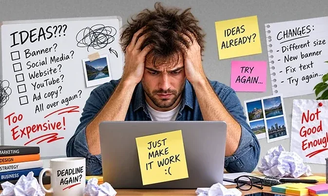 A stressed man at a laptop surrounded by sticky notes