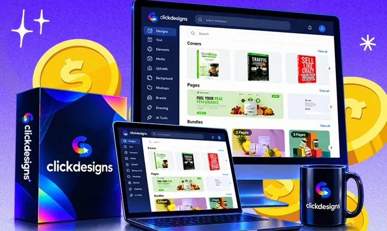 ClickDesigns on a laptop with finished designs and coins