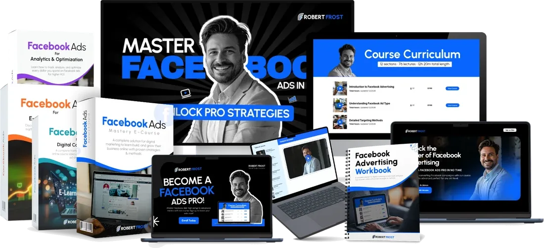 Facebook Ads Mastery course bundle: monitors, laptops, tablets, phones and boxes