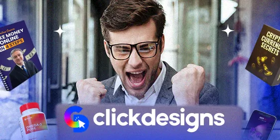 A delighted man holding up ClickDesigns product designs