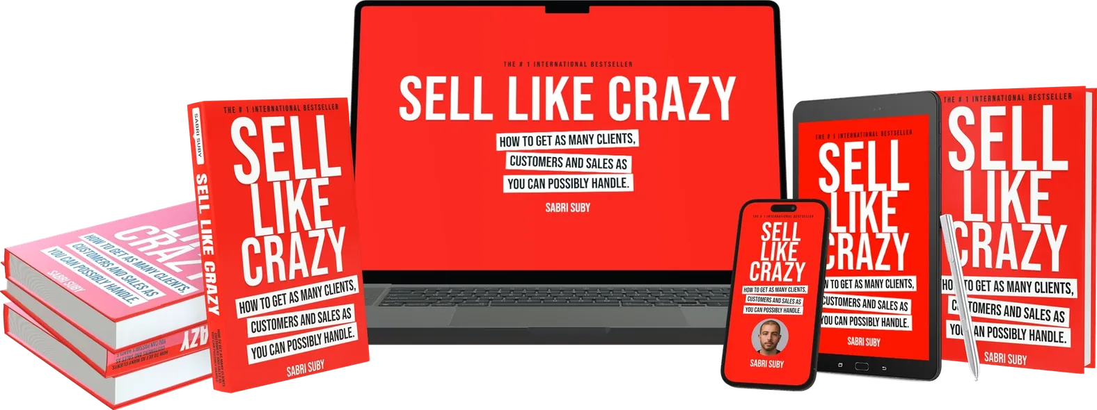 The Sell Like Crazy design as a full bundle: books, laptop, tablet and phone