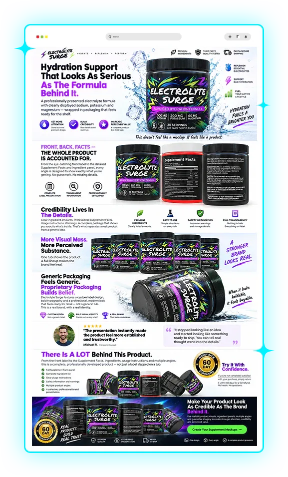 The same product as a premium sales page with 3D tubs, supplement facts, a product lineup and a guarantee seal