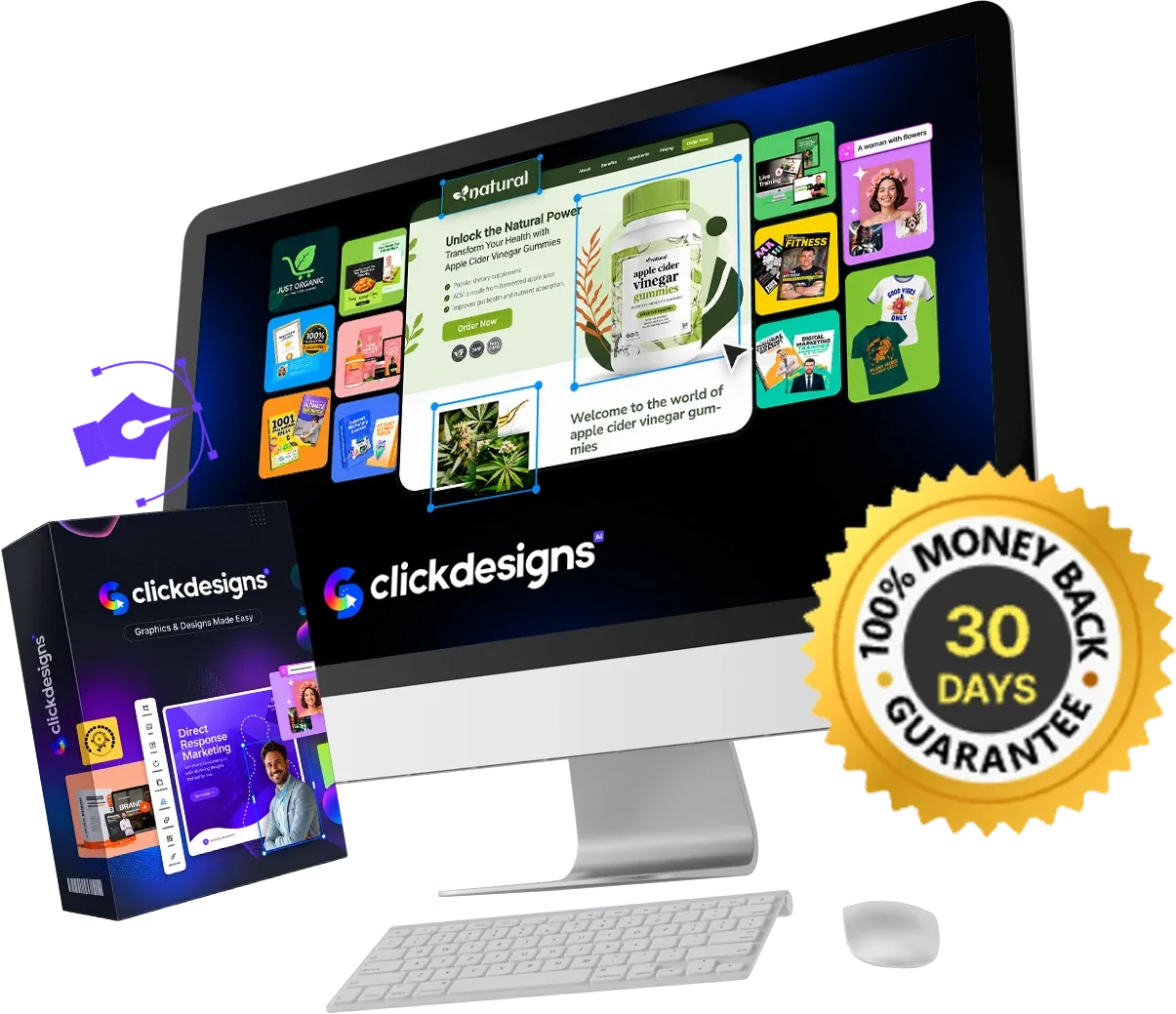 ClickDesigns editor and product box beside a gold 100% money-back guarantee seal