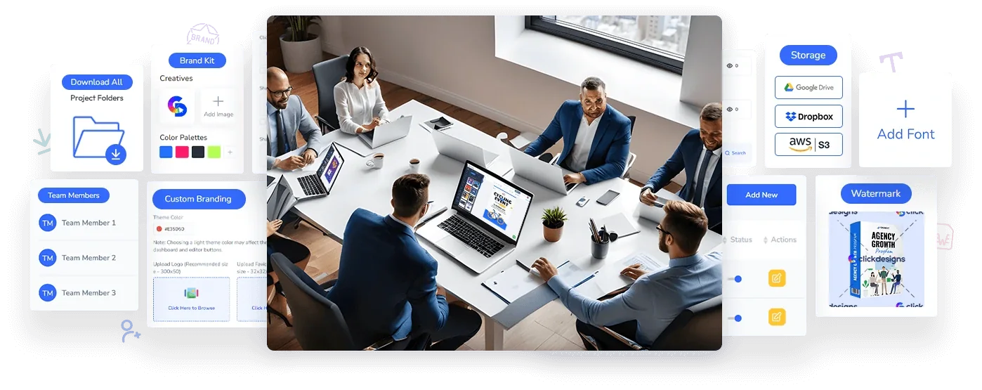 ClickDesigns Agency: a team at a boardroom table surrounded by team, branding, storage and watermark panels