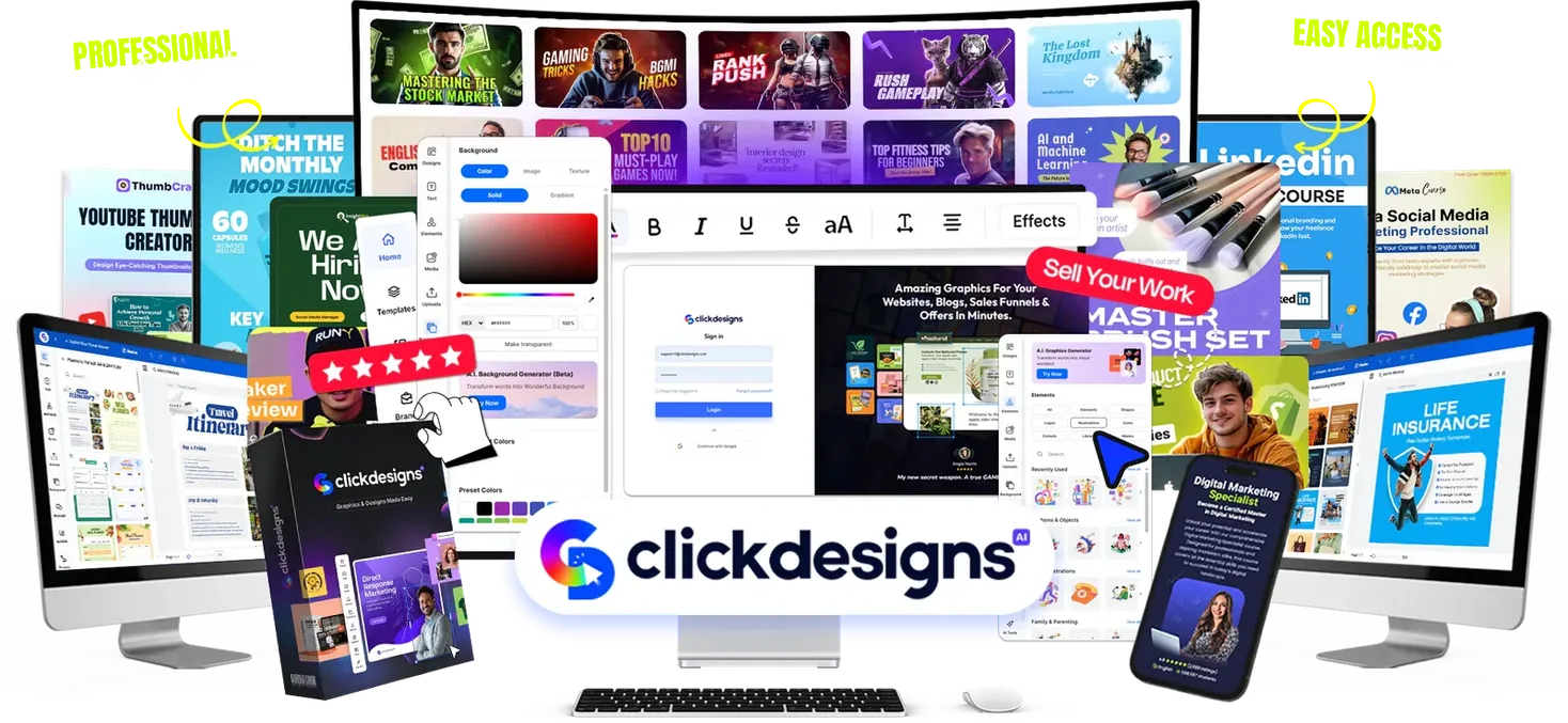 ClickDesigns X: the design studio with templates, editor, boxshot and device mockups