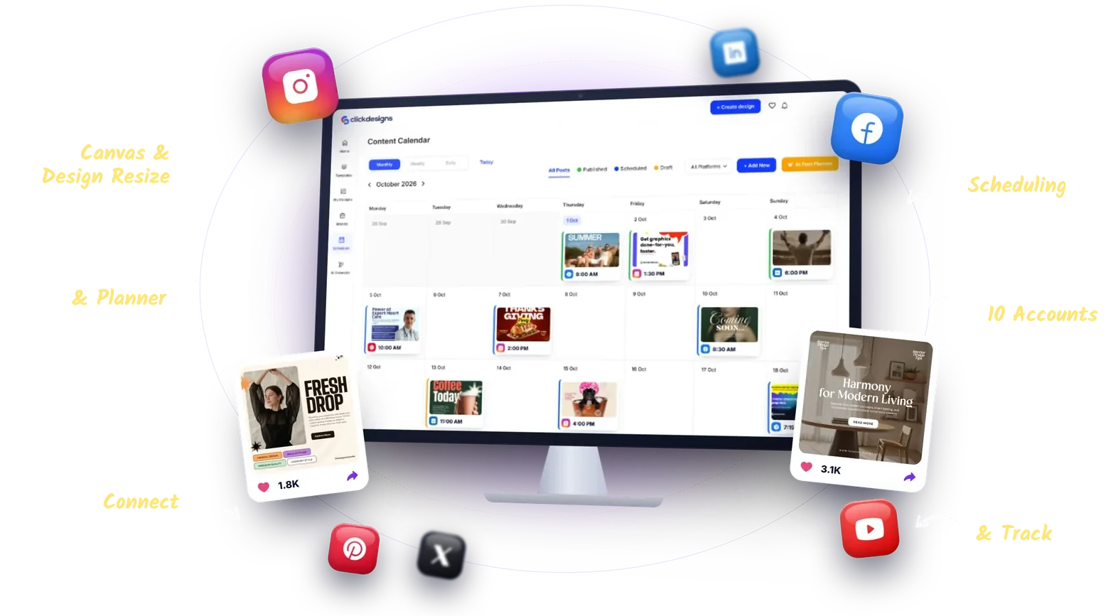 ClickSocials X: content calendar on a monitor with 1-click resize, scheduling, 10 accounts and social network posting