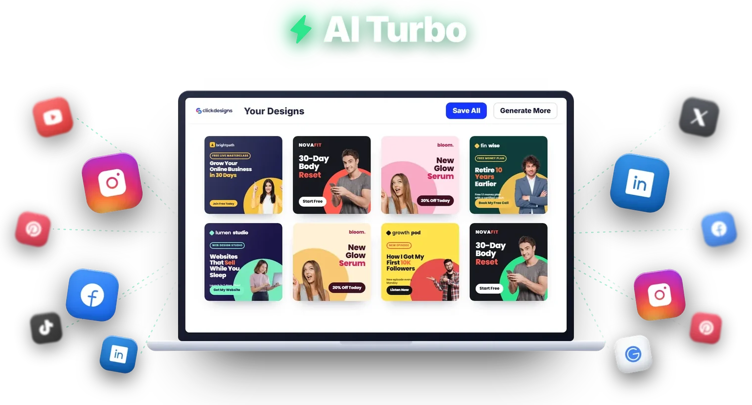 ClickDesigns AI Turbo: a laptop full of AI-generated designs with social network icons around it