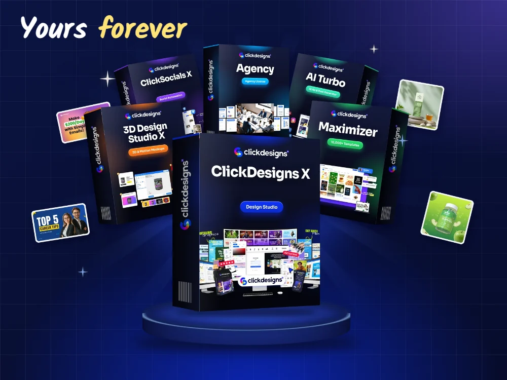 The six ClickDesigns X product boxes, yours forever with no monthly fees and commercial rights