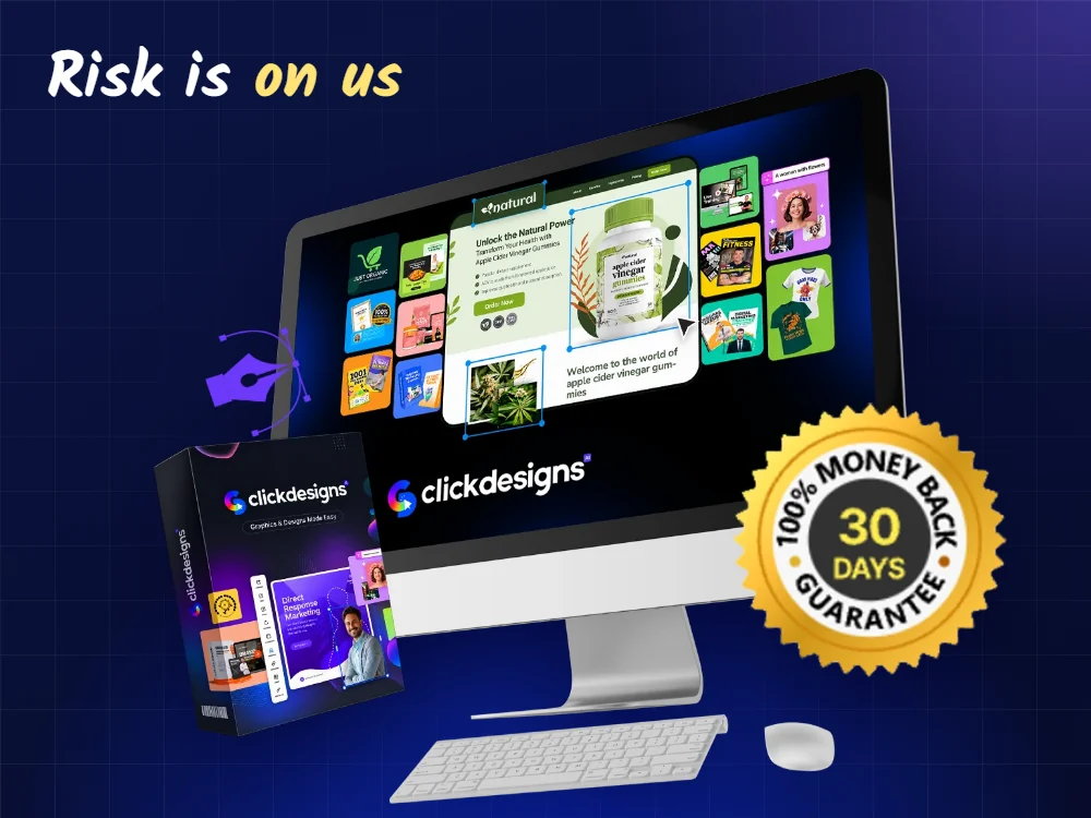 ClickDesigns on a monitor with a 30-day money-back guarantee seal