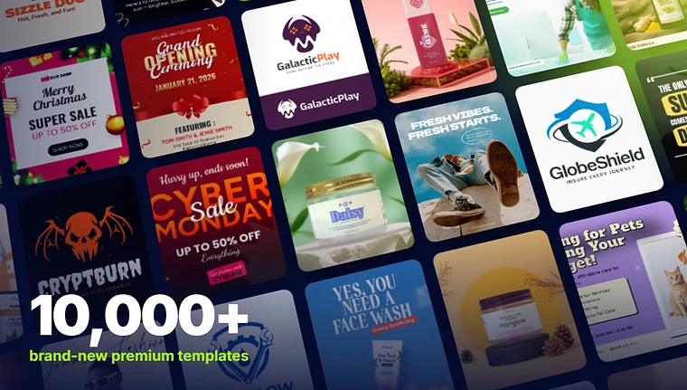 A wall of ClickDesigns templates — logos, book covers, reports, T-shirt and device mockups