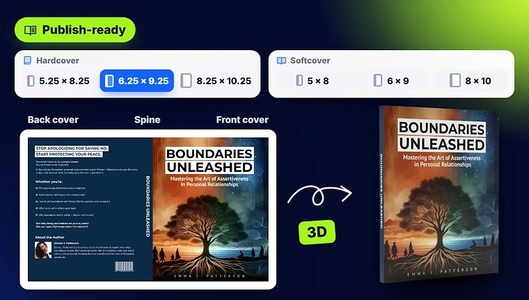 Hardcover and softcover book sizes with a full cover spread wrapping onto a 3D book