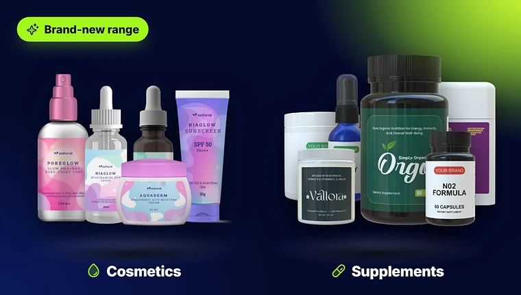 A new range of 3D cosmetic jars, bottles and tubes next to supplement bottles