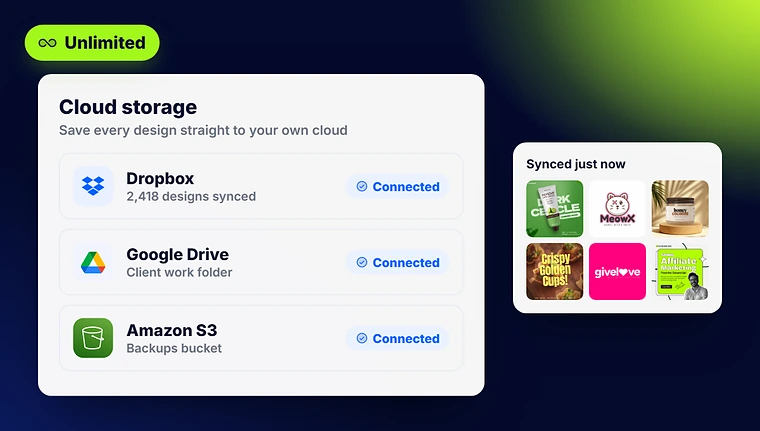 Amazon S3, Google Drive and Dropbox logos on a blue field