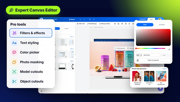 The ClickDesigns editor with pro tools: filters, text styling, color picker, photo masking and cutouts