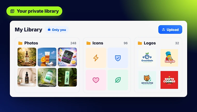 The ClickDesigns image library holding saved photos, icons and brand logos