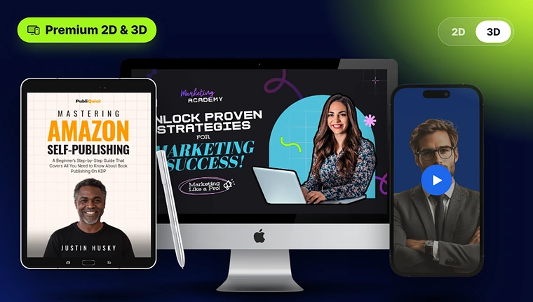 A course design shown on a monitor, tablet and phone as photorealistic 3D mockups