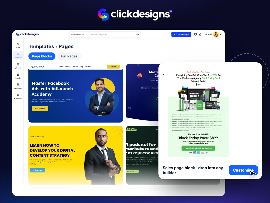 Done-For-You Page Blocks templates inside ClickDesigns